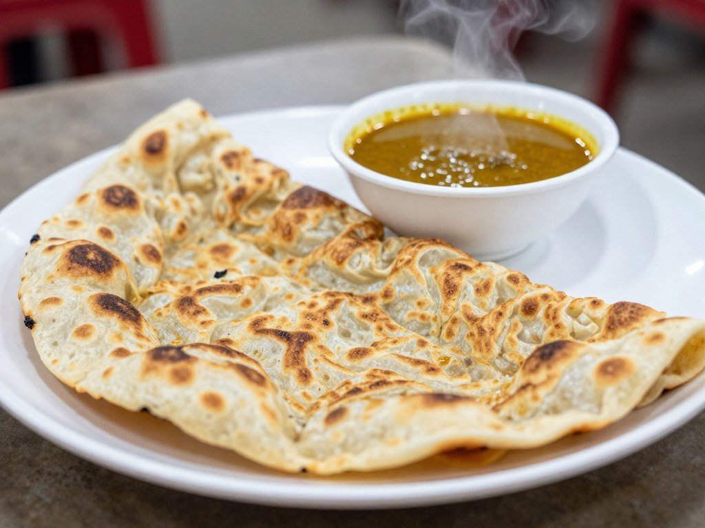 Golden roti canai flatbread served with curry dipping sauce