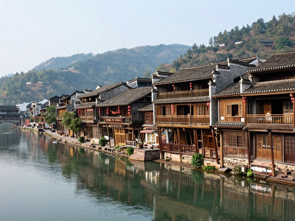 Gongtan Ancient Town traditional architecture along riverside