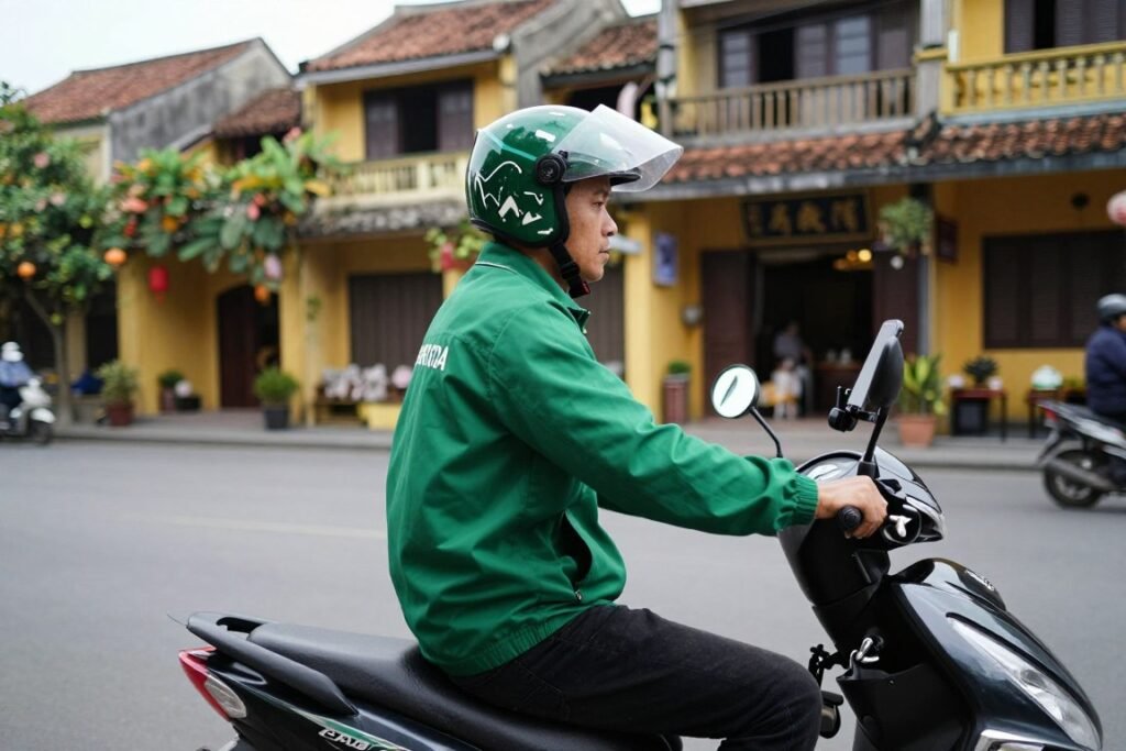 Grab motorbike taxi driver waiting in Hoi An