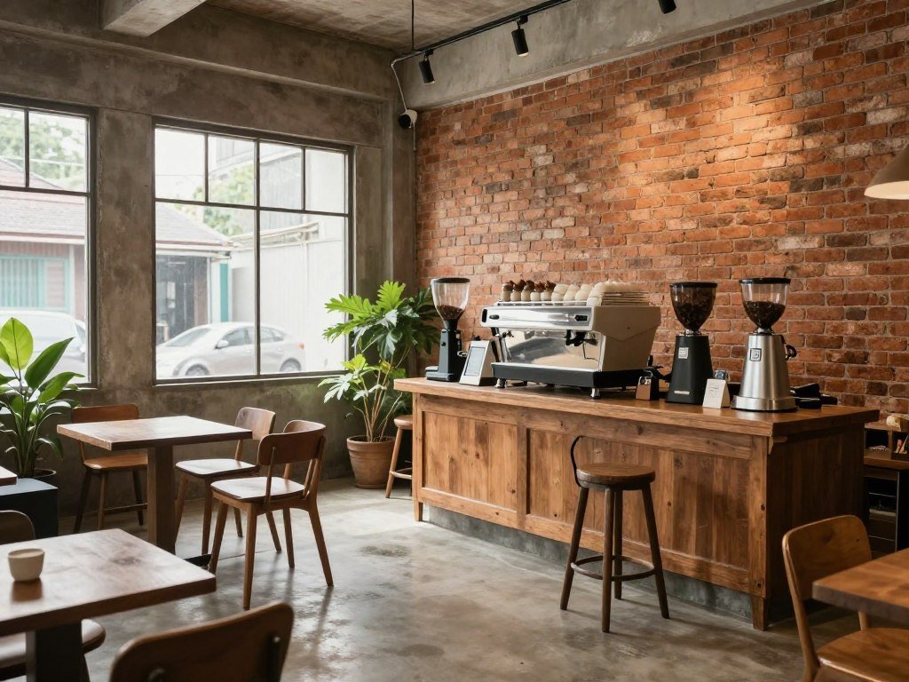 Graph Cafe interior showing industrial design with exposed brick and wooden furniture in Chiang Mai Graph Cafe interior showing industrial design with exposed brick and wooden furniture in Chiang Mai