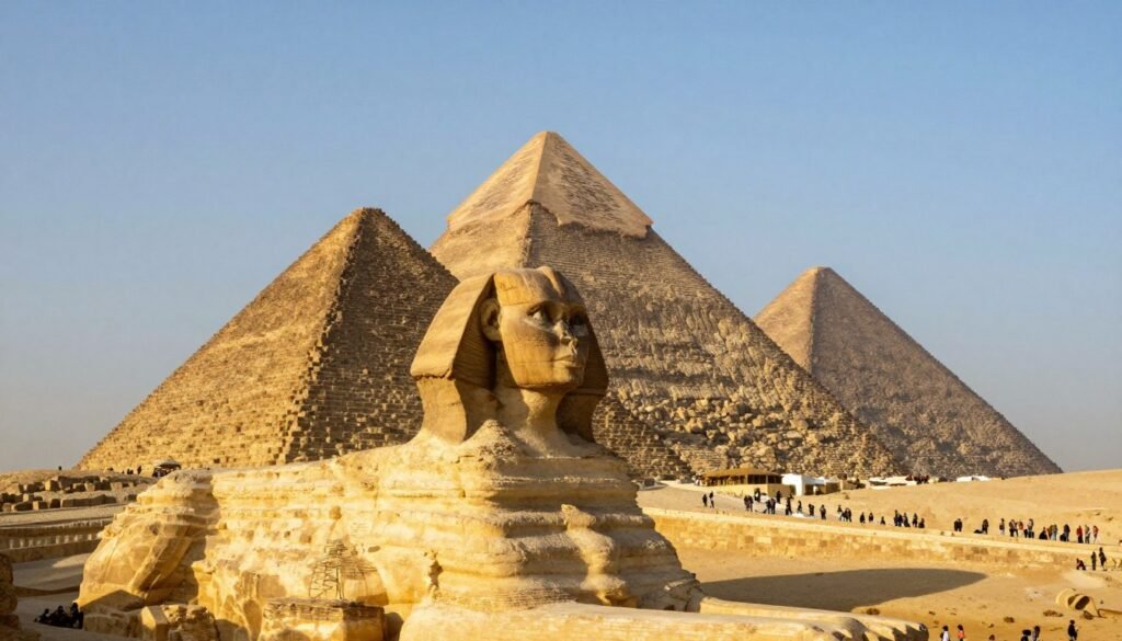 Great Pyramid of Giza against blue sky with Sphinx in foreground