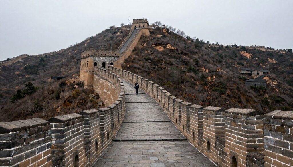 Great Wall hiking trail through mountains with few tourists Great Wall hiking trail through mountains with few tourists