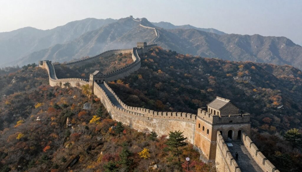 Great Wall of China snaking across mountain ridges in autumn