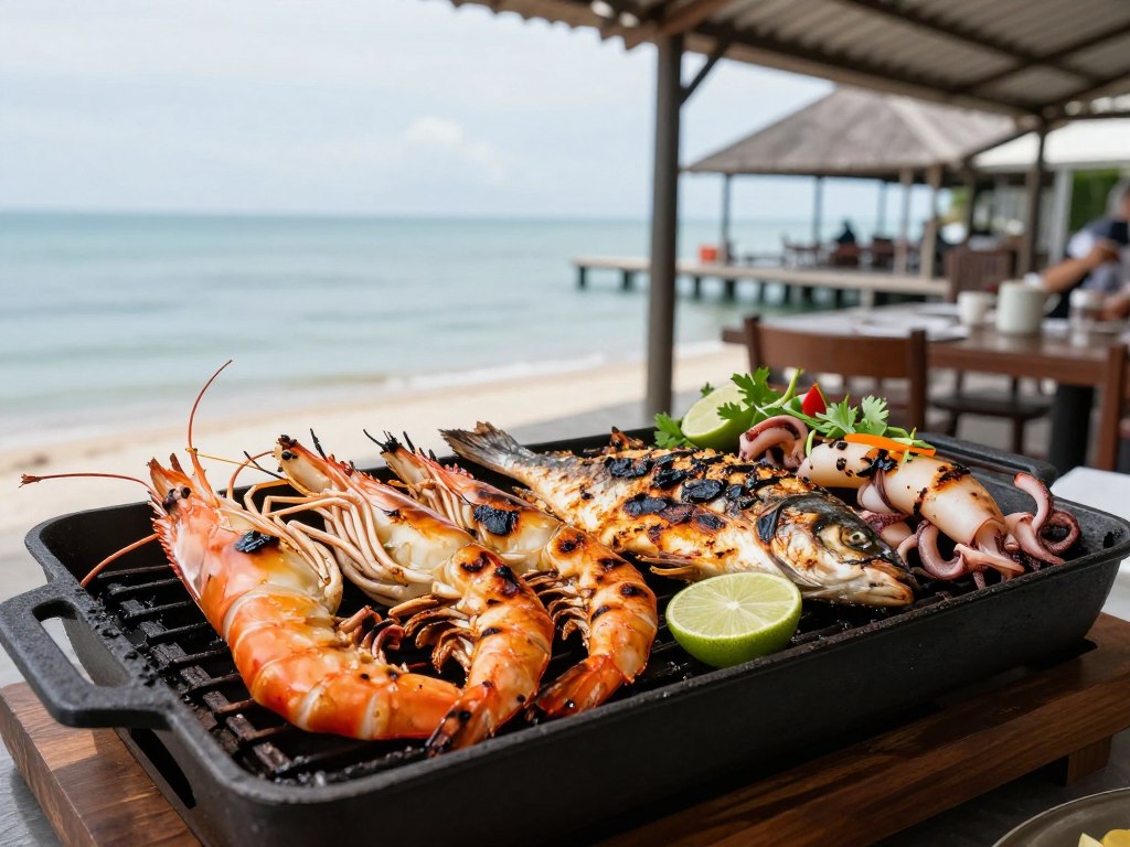 Grilled fresh seafood including prawns and fish at waterfront restaurant