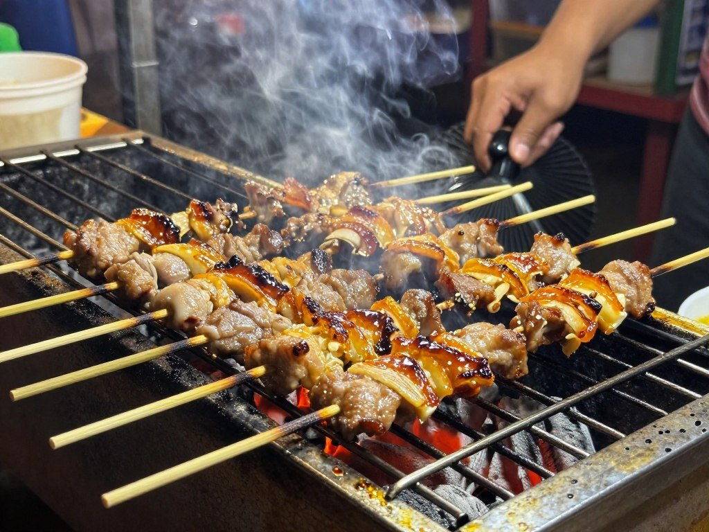 Grilled pork skewers moo ping on charcoal grill showing popular Bangkok street food snack