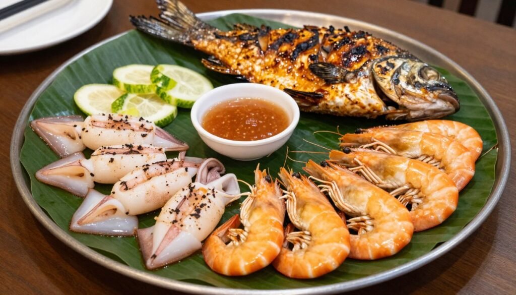Grilled seafood platter with fish, prawns and squid on banana leaf