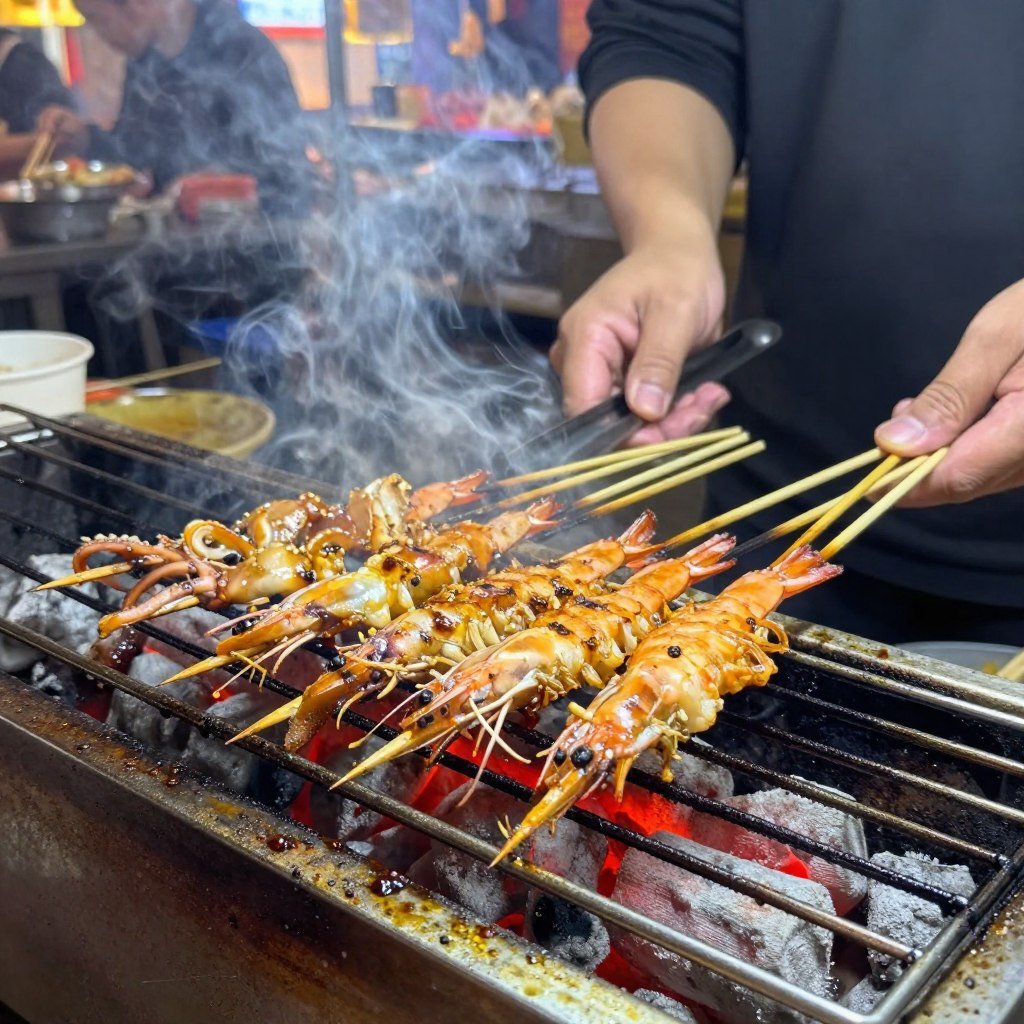 Grilled seafood skewers cooking over charcoal at night market stall