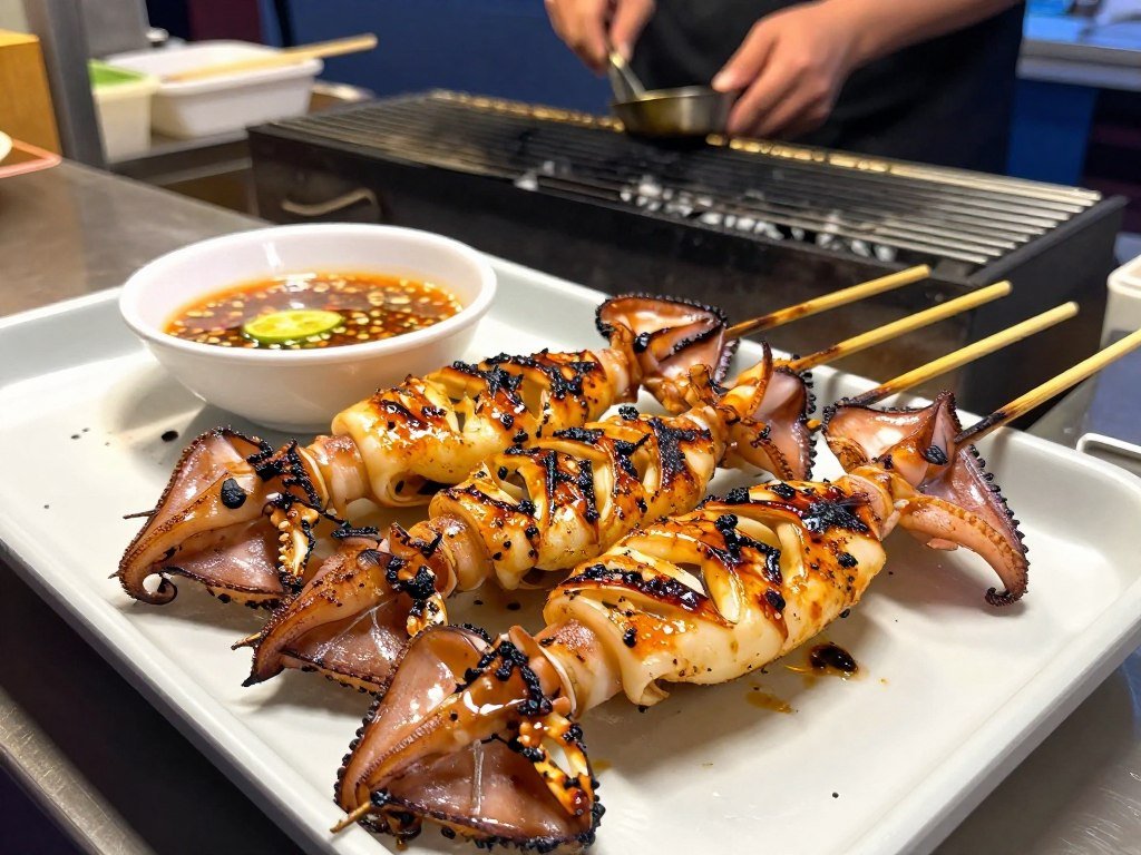 Grilled squid on sticks with spicy seafood sauce showing Bangkok street food