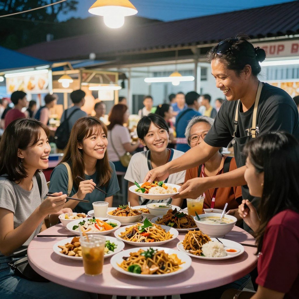 Group enjoying food tour sampling dishes at hawker stall