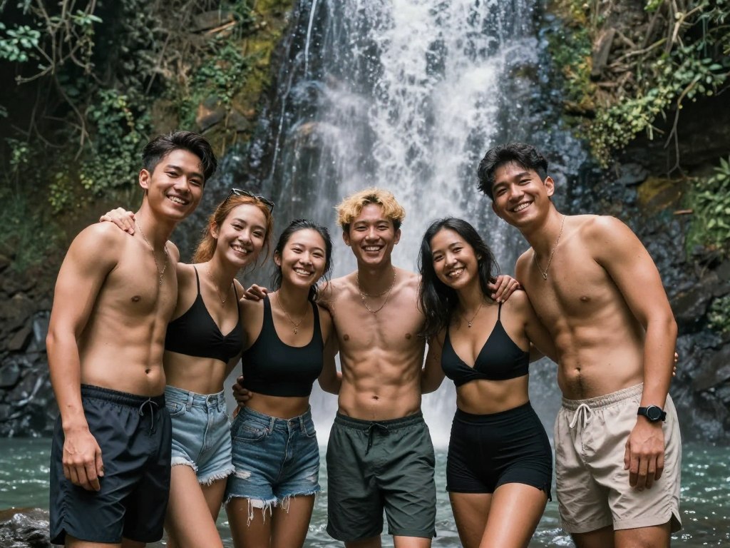 Group of friends celebrating adventure at Bali waterfall