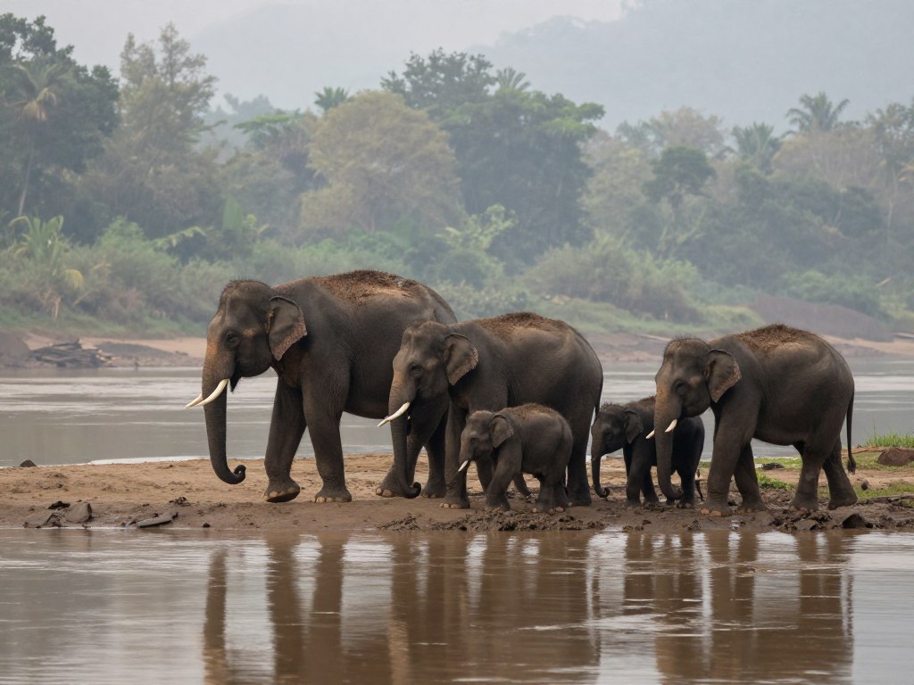 Group of pygmy elephants walking along Kinabatangan River bank at dawn