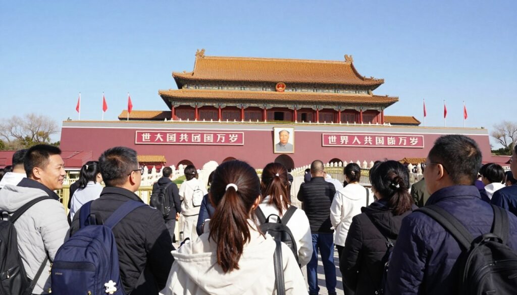Group of tourists on guided walking tour in Beijing Group of tourists on guided walking tour in Beijing