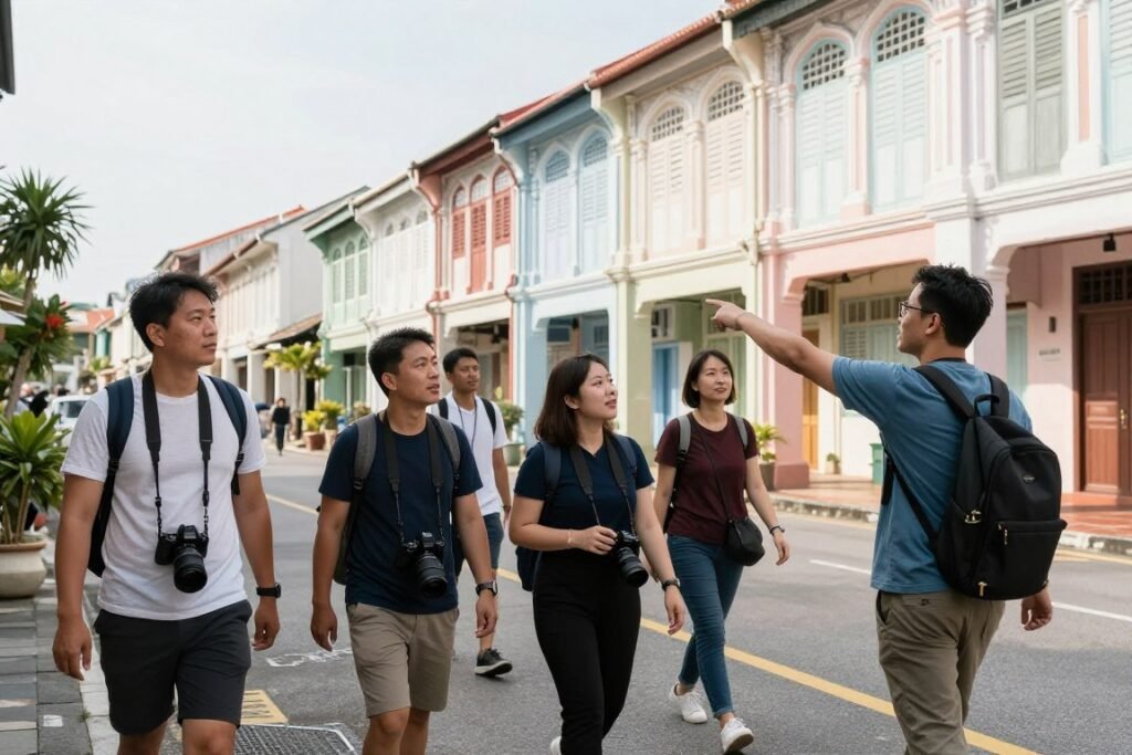 Group of tourists on guided walking tour through heritage streets