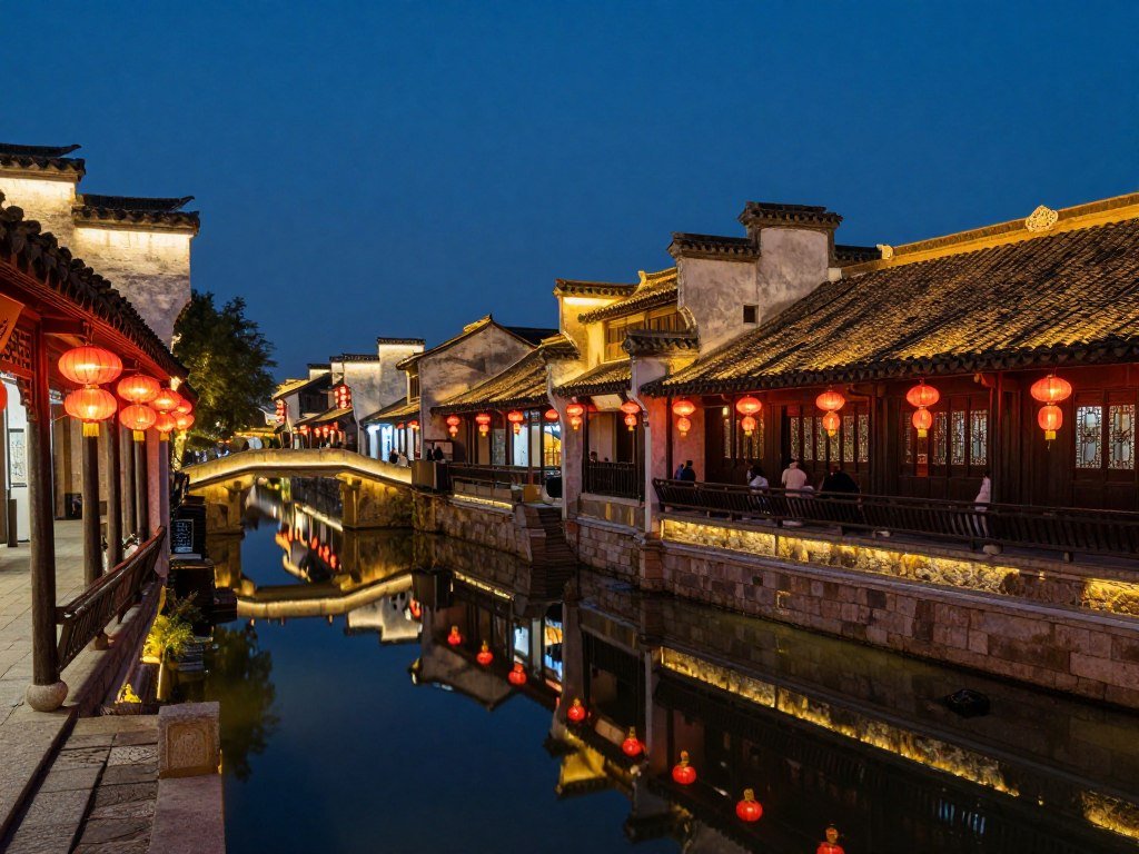 Gubei Water Town traditional architecture and canals at night Gubei Water Town traditional architecture and canals at night