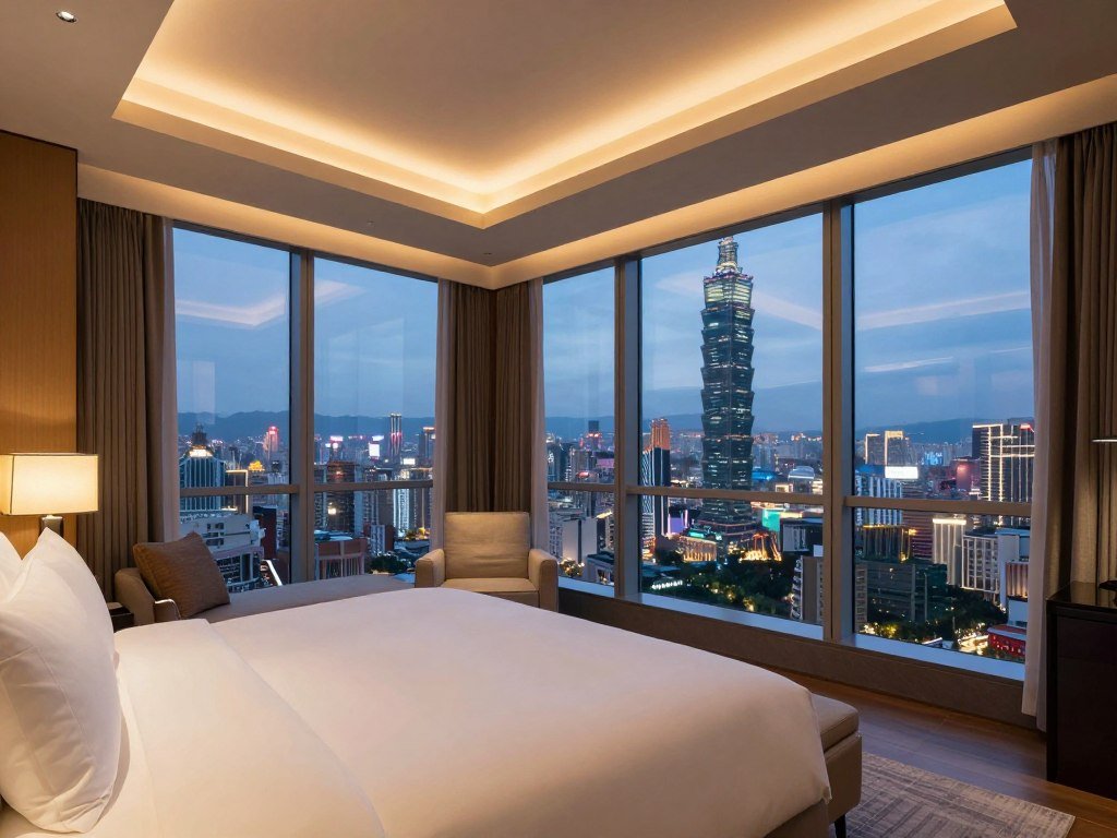 Guest room at Grand Hyatt Taipei with city skyline views