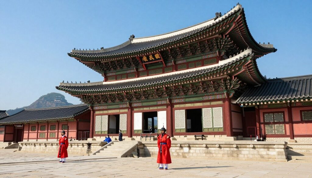 Gyeongbokgung Palace main throne hall with traditional guards in colorful uniforms
