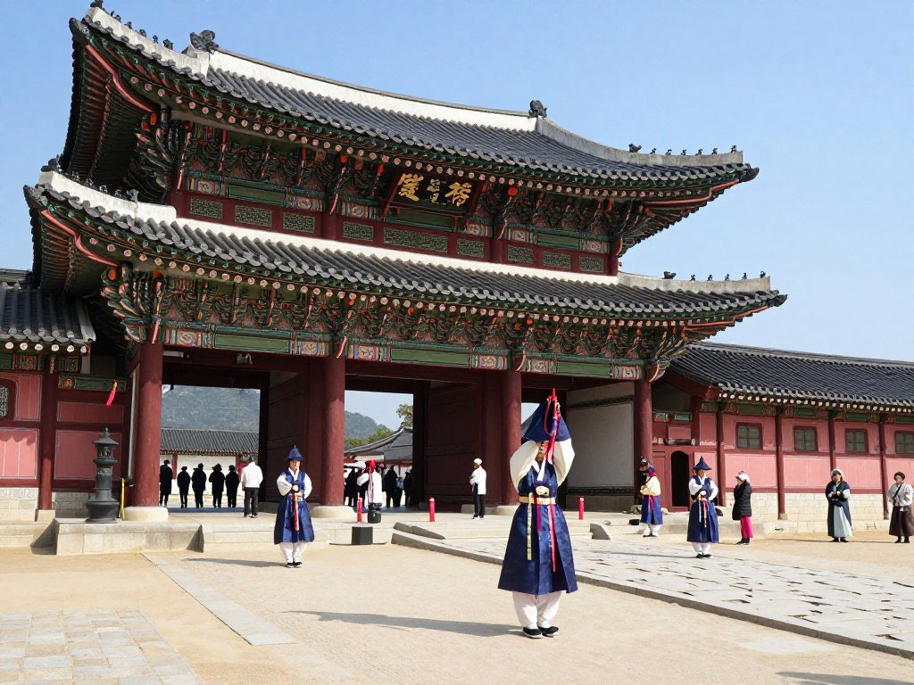 Gyeongbokgung Palace with guards in traditional dress