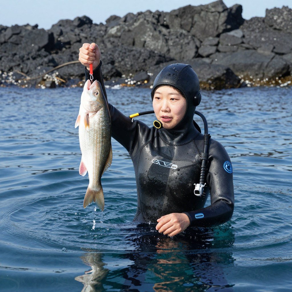 Haenyeo female diver emerging from ocean with fresh seafood catch