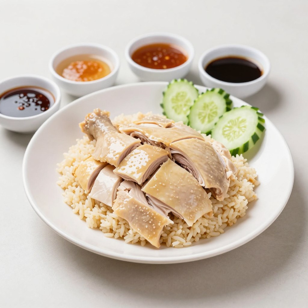 Hainanese chicken rice plate with condiments