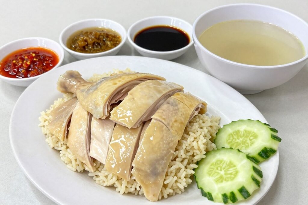 Hainanese chicken rice with poached chicken and sauces