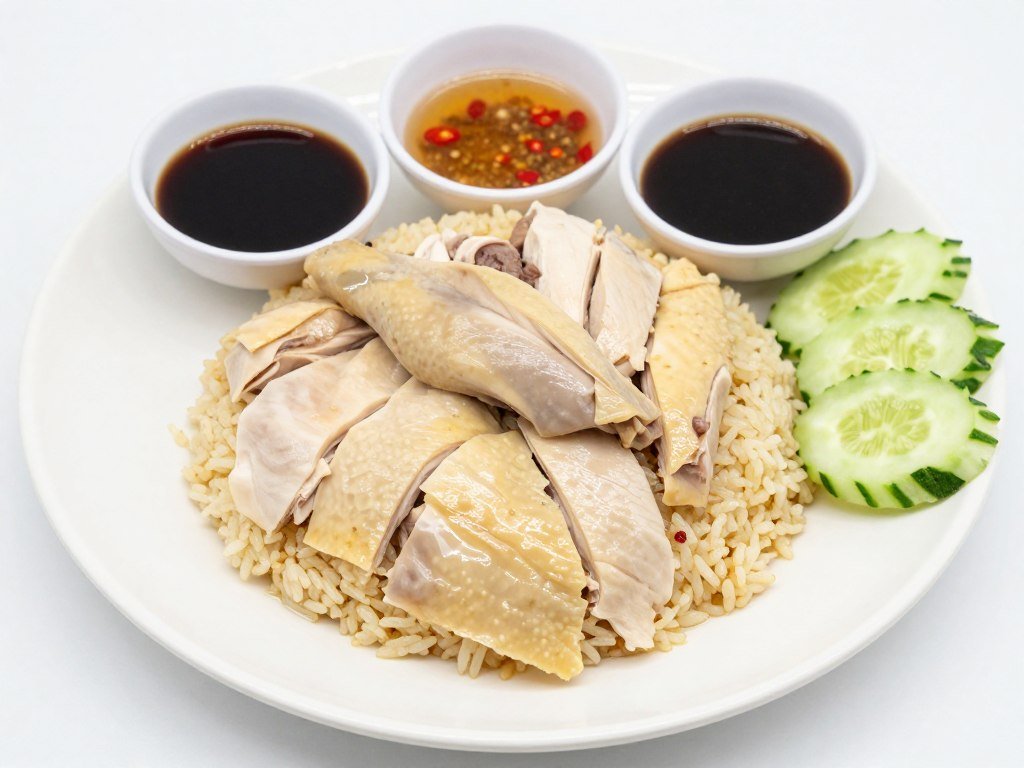 Hainanese chicken rice with poached chicken slices and fragrant rice