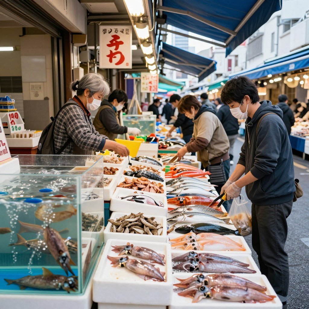 Hakodate morning market with fresh seafood stalls