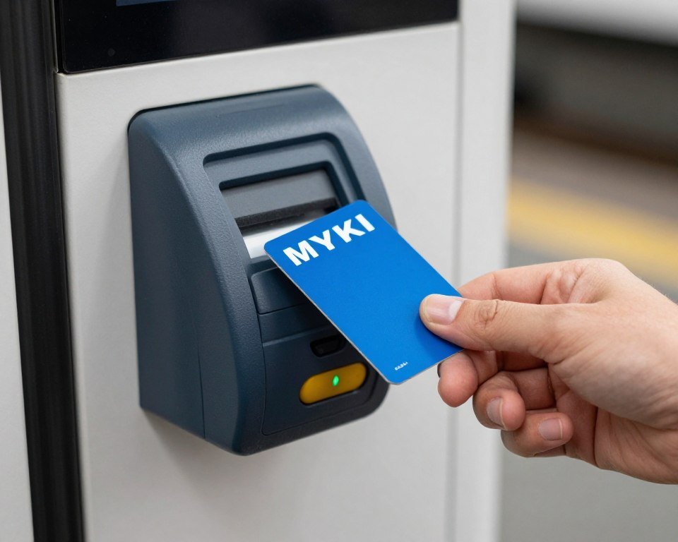 Hand holding Myki card at tram reader