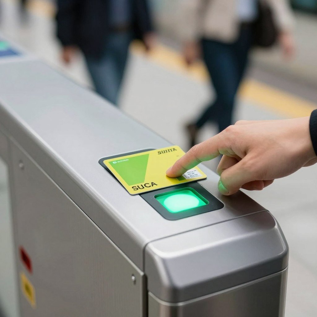 Hand holding Suica card tapping on train station gate reader
