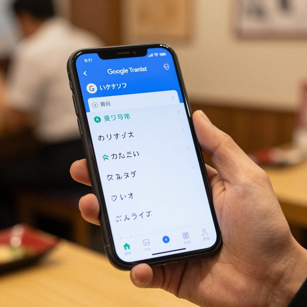 Hand holding smartphone showing translation app in Japanese restaurant