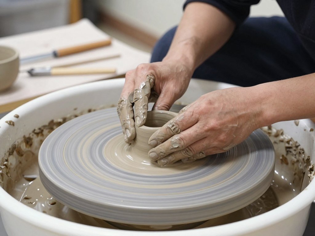 Hands creating traditional Japanese pottery on spinning wheel in workshop Hands creating traditional Japanese pottery on spinning wheel in workshop