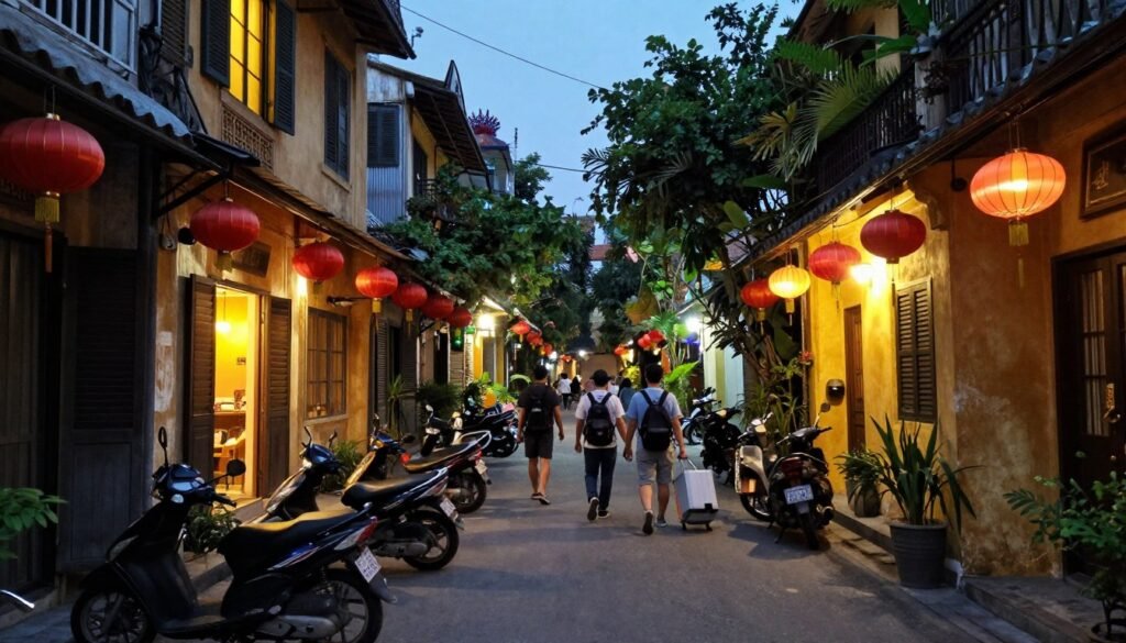 Hanoi Old Quarter narrow street at night with colorful lights and budget hotels