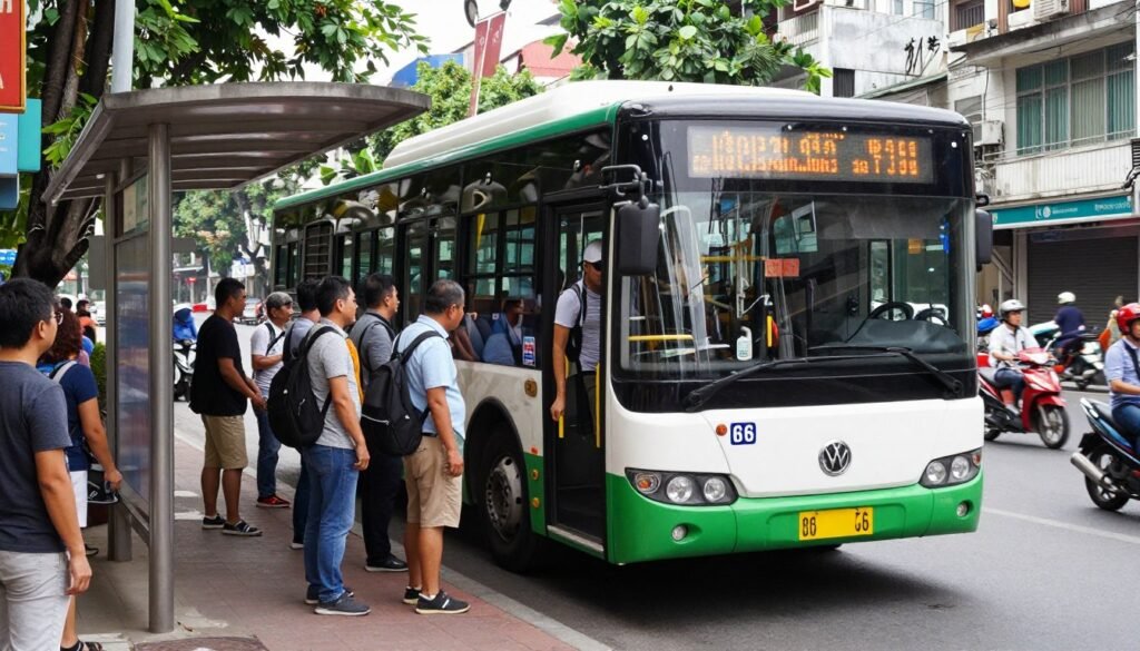 Hanoi city bus on street with passengers boarding