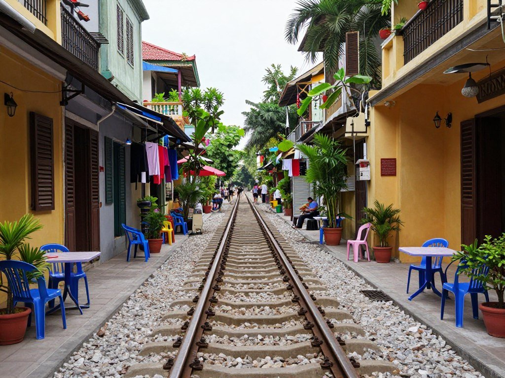 Hanoi train street with colorful café seating and narrow railway tracks between traditional houses