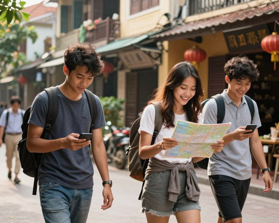 Happy budget backpackers exploring Hanoi Old Quarter with smiles