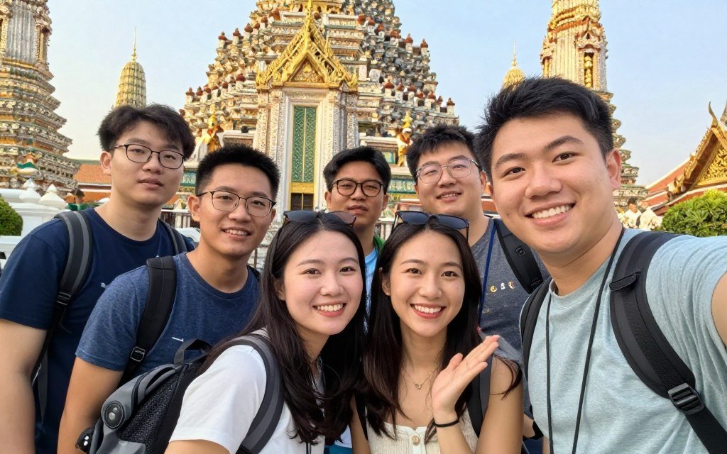 Happy budget travelers exploring Bangkok temple smiling at camera