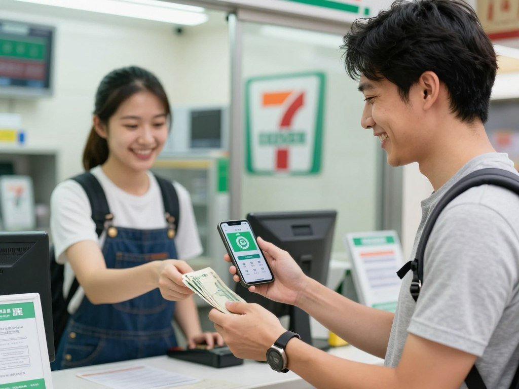 Happy tourist successfully using payment methods at Taiwan convenience store or night market Happy tourist successfully using payment methods at Taiwan convenience store or night market
