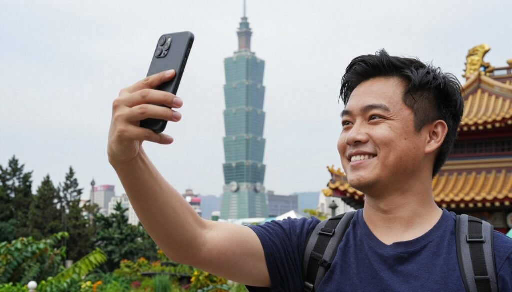 Happy tourist successfully using smartphone and payment methods at Taiwan landmark Happy tourist successfully using smartphone and payment methods at Taiwan landmark