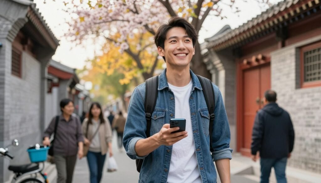 Happy tourist using smartphone apps successfully navigating Beijing streets with confidence