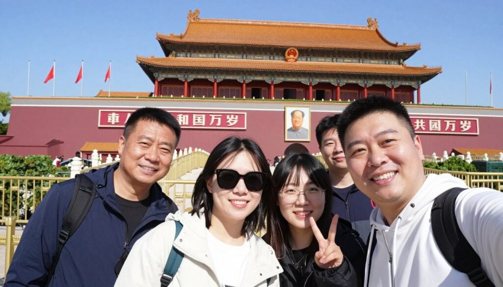 Happy tourists taking selfie at Beijing landmark Happy tourists taking selfie at Beijing landmark