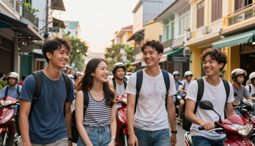 Happy travelers enjoying Ho Chi Minh City street scene