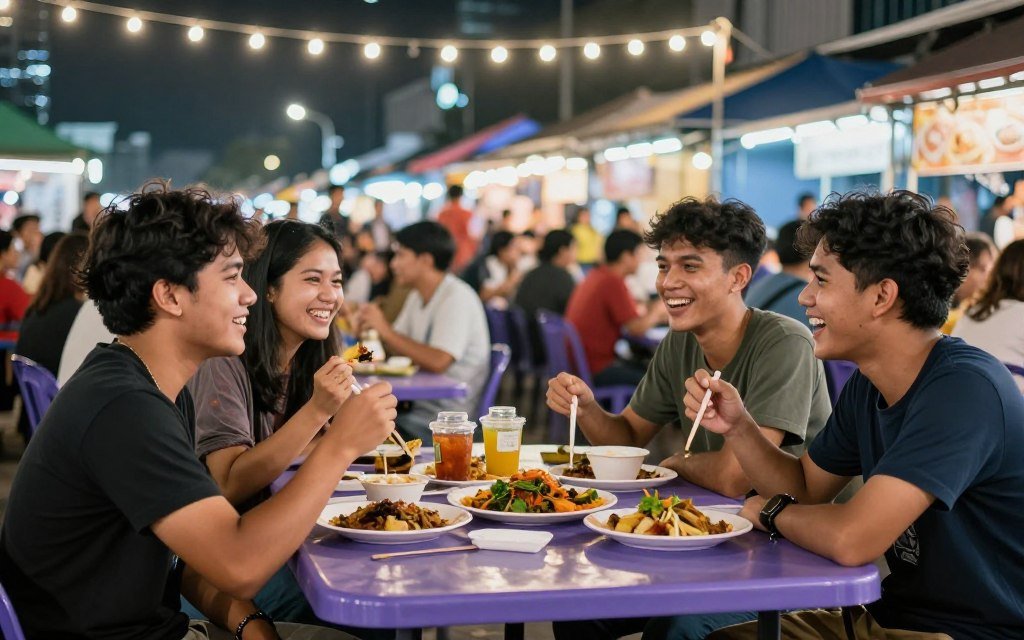 Happy travelers enjoying street food at night market in Kuala Lumpur