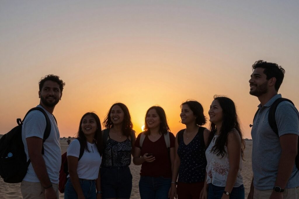 Happy travelers enjoying sunset in UAE creating lasting memories Happy travelers enjoying sunset in UAE creating lasting memories