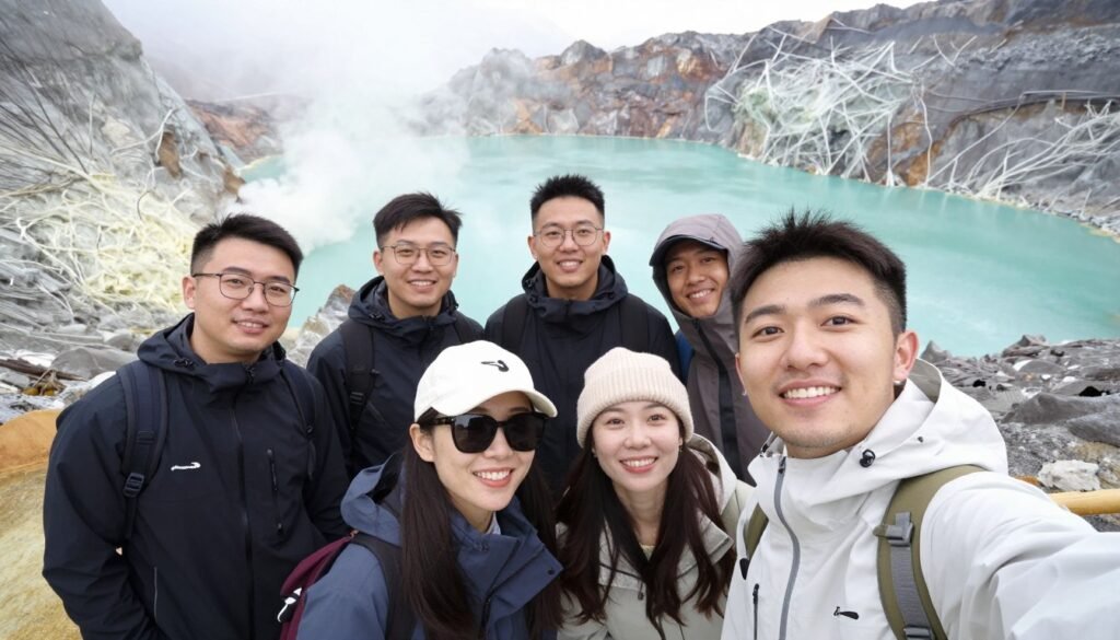 Happy travelers posing at Kawah Putih crater lake