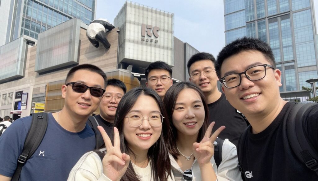 Happy travelers taking selfie in front of Chengdu landmark