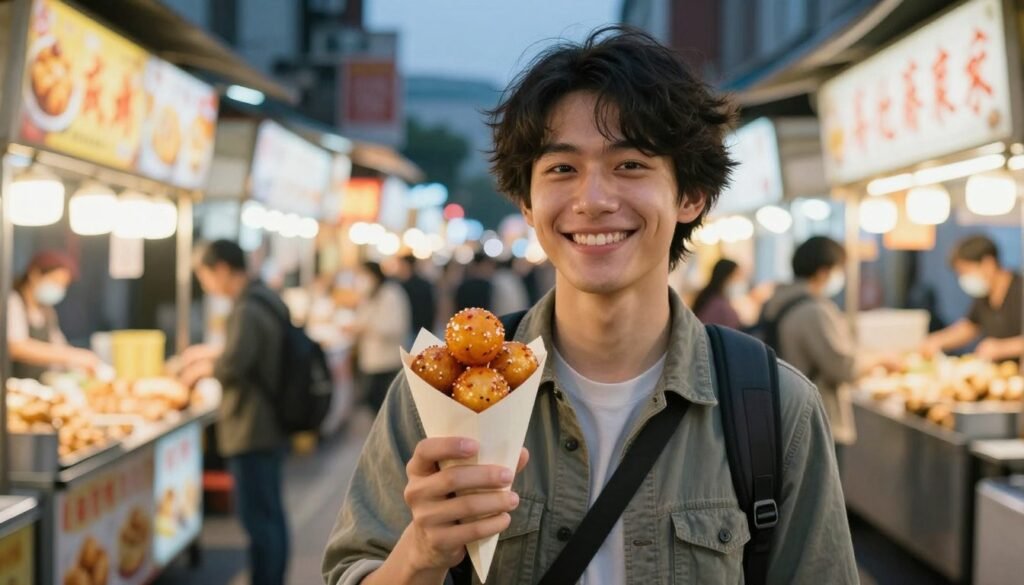 Happy vegetarian traveler enjoying safe Taiwan street food at night market with confidence