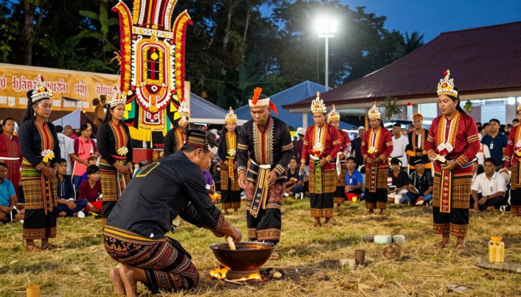 Harvest Festival celebration with people in traditional dress and cultural activities