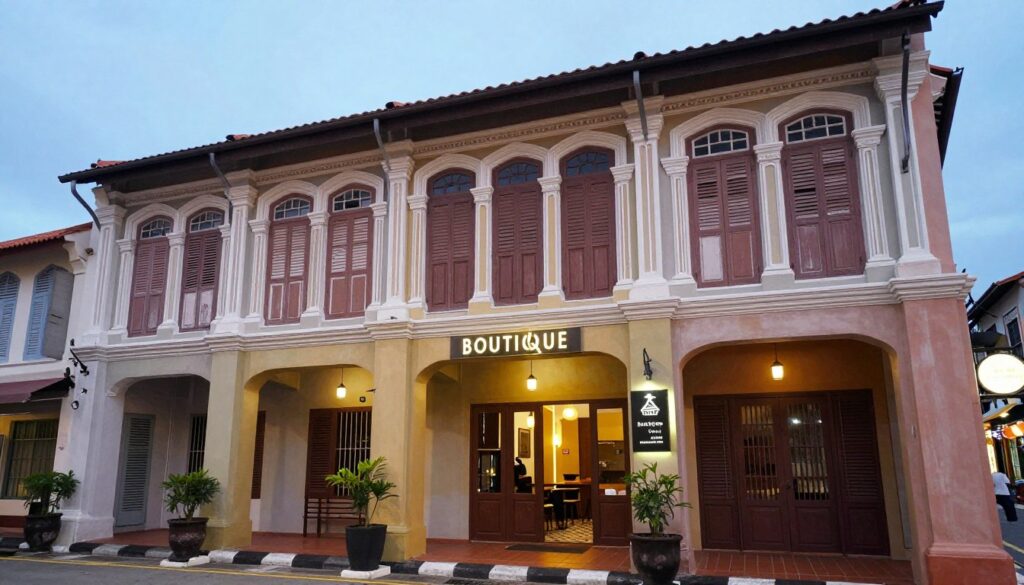 Heritage boutique hotel exterior in Malacca old town with traditional shophouse architecture