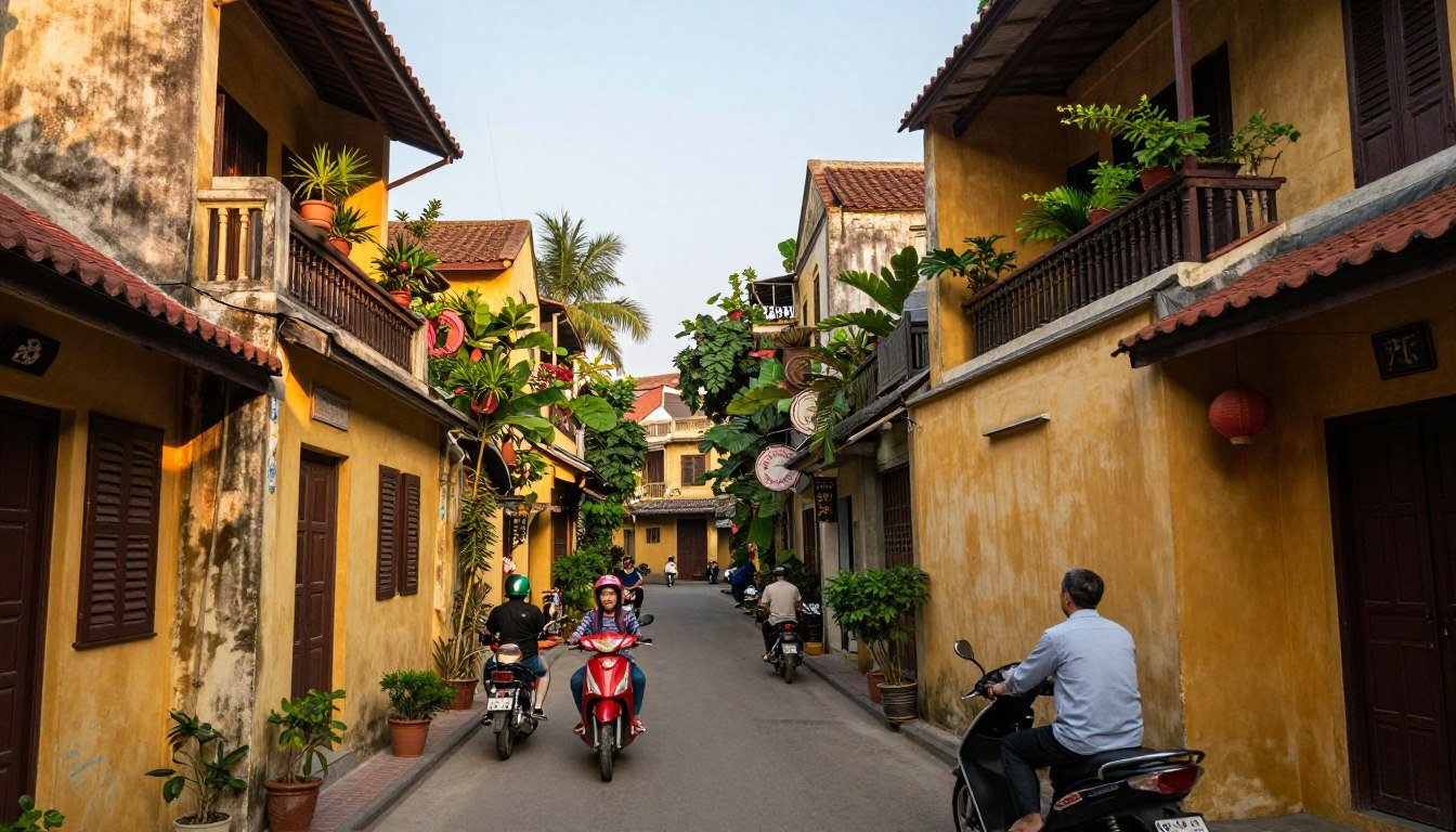 Hidden alleyway in Hanoi old quarter with traditional architecture and local Vietnamese residents