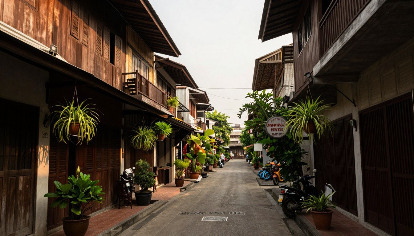 Hidden alleyway in old Bangkok neighborhood with traditional wooden houses and lush greenery