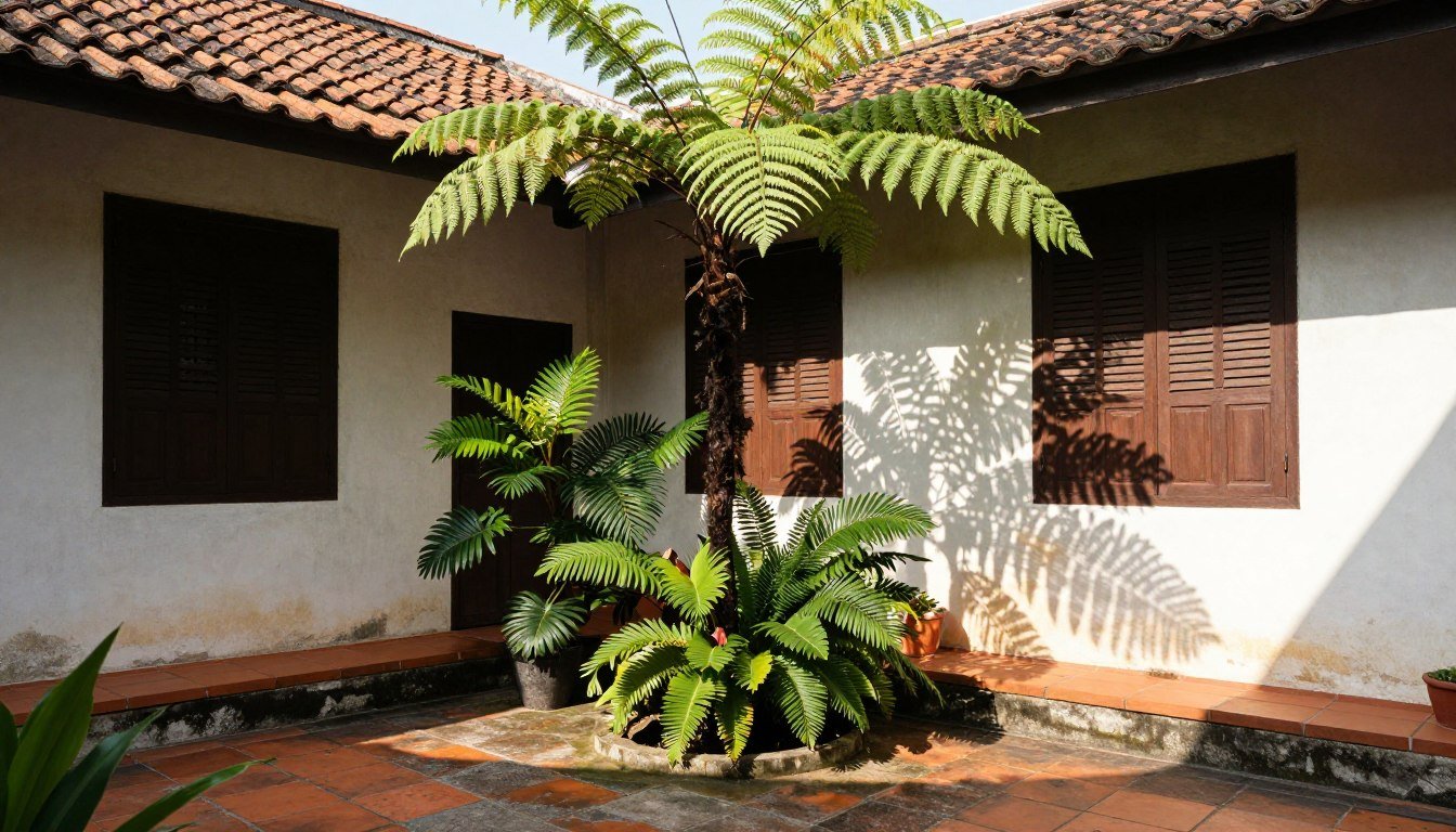 Hidden courtyard in Kuala Lumpur with traditional architecture and lush tropical plants
